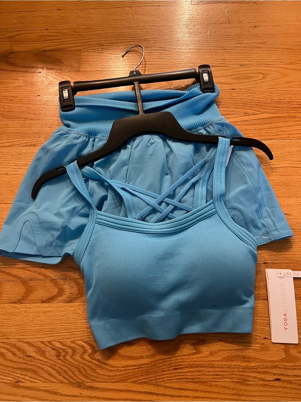 Yogalicious Light Blue Ribbed Strappy Crop Top sports bra and skort